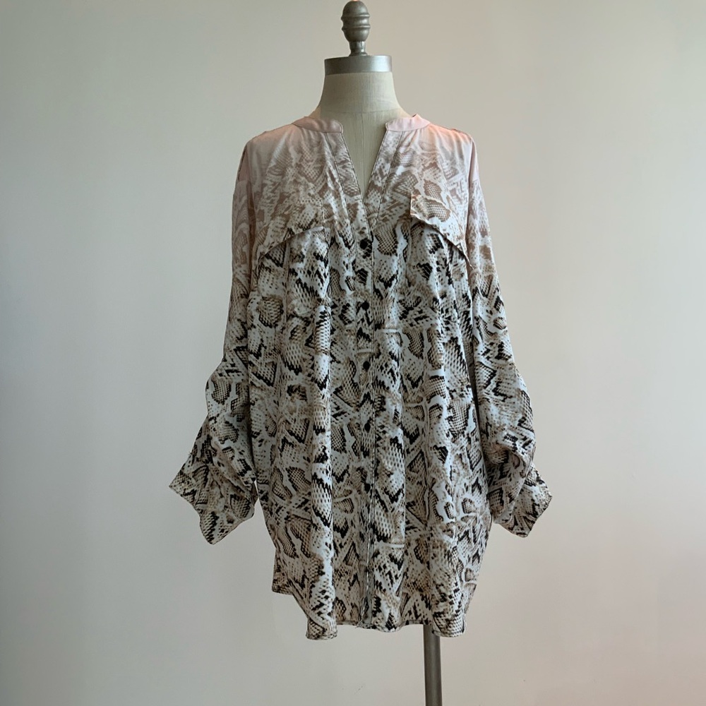 Calvin Klein Blush Pink, Beige Patterned Tunic 2X Roll Tab Sleeves